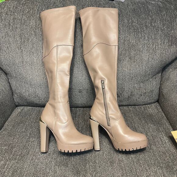 Guess Boots Womens 6 Taupe Over The Knee Faux Leather Chunky High Heel Taylin - Picture 2 of 11